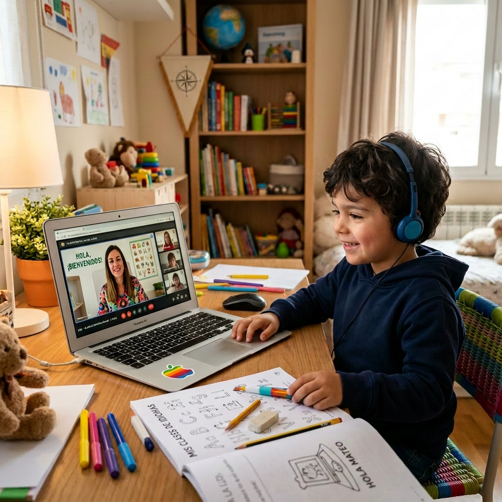 Child in headphones attending online Spanish class on laptop