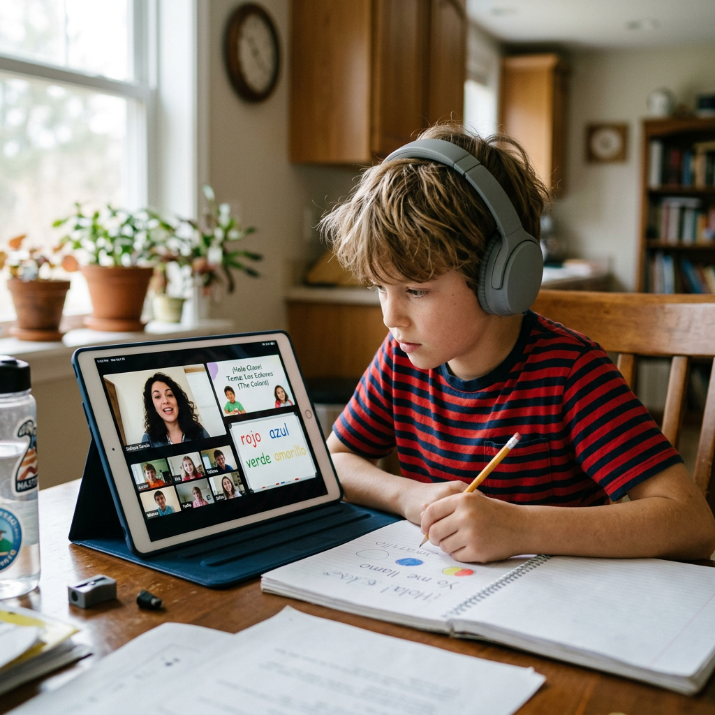 Boy wearing headphones writing in notebook during online Spanish class with tablet showing teacher and color words